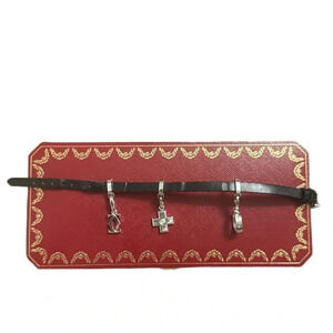 RARE CARTIER 18k WHITE GOLD BUCKLE ON CARTIER LEATHER CHARM BRACELET. 3 CHARMS